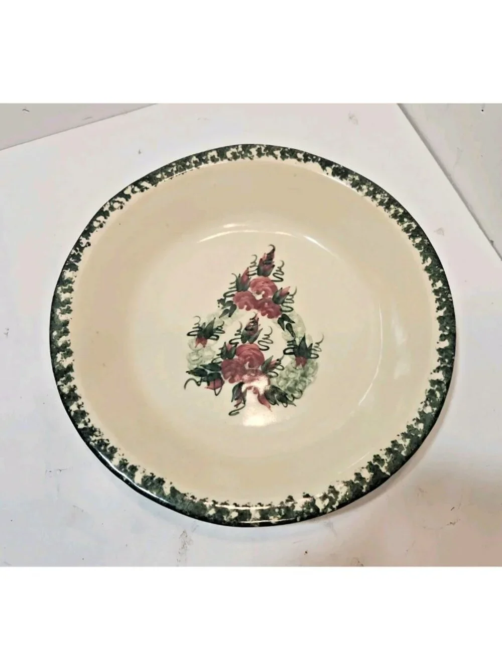 Vintage East Texas Potteries Pie Plate Sponged Border Floral Heart Pink Green